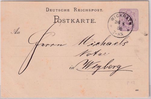 DR - Wickrath 26/8 86 kl. K1 5 Pfg. Ganzsache n. Wegberg