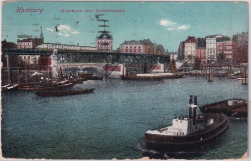 Hamburg - Hamburg Hochbahn ü. Schutenhafen farb. AK gelaufen 1922