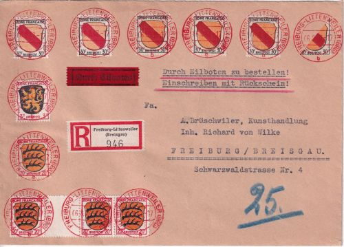 FZ/Allg. - 5x30 Pfg. Wappen u.a. philatel. Ortsbrief Freiburg-Littenweiler 1947