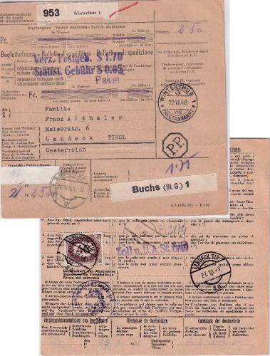 Schweiz/Österreich - Winterthur 1948 Paketkarte n. Landeck 40g Behandlungsgebühr