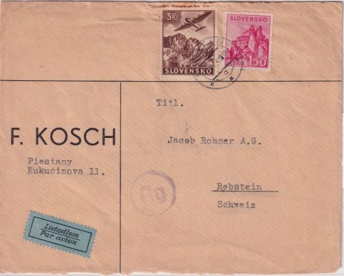 Slowakei - Vyhne 21.6.44 Luftpostbrief i.d. SCHWEIZ Piestany - Rebstein 1941