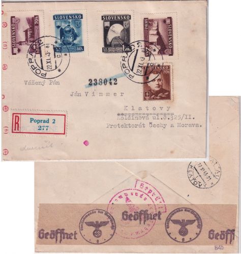 Slowakei - Poprad 22.11.43 Einschreibebrief n. Klatovy (B&M) - Doppelzensur