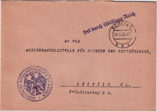 DR - Deutsche Gesandtschaft Athen Frei d. Ablösung Dienstbrief über Berlin 1936