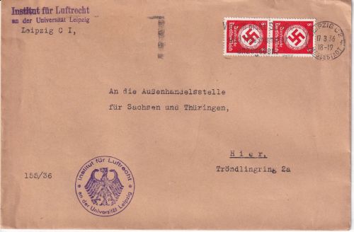 DR - 2x8 Pfg. Hkr. Ortsdienstbrief "Insitut für Luftrecht Uni Leipzig" 1936