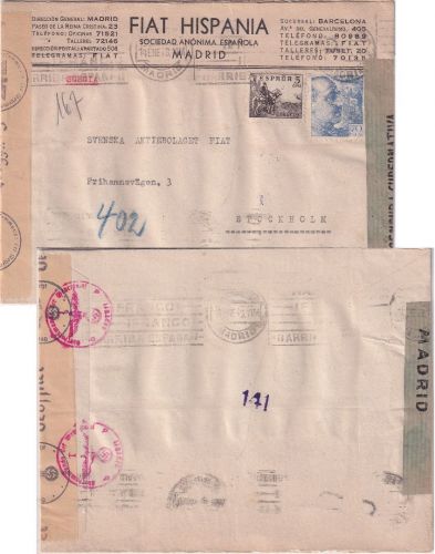 Spanien - Madrid (Fiat Hispania) 14.1.43 Zensurbrief n. SCHWEDEN Doppelzensur !
