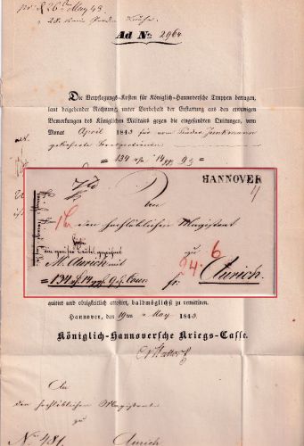 Hannover - 1843 Geldsendung/Fahrpostbrief Kgl.-Han. Kriegs-Casse n. Aurich