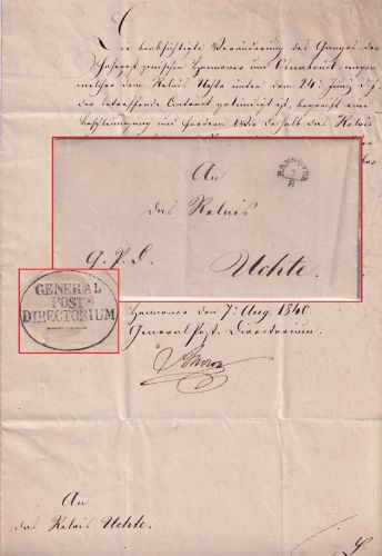 Hannover - Generalpostsache Fingerhut-K1 Hannover 7/8 a.d. Relais Uchte 1840 !!