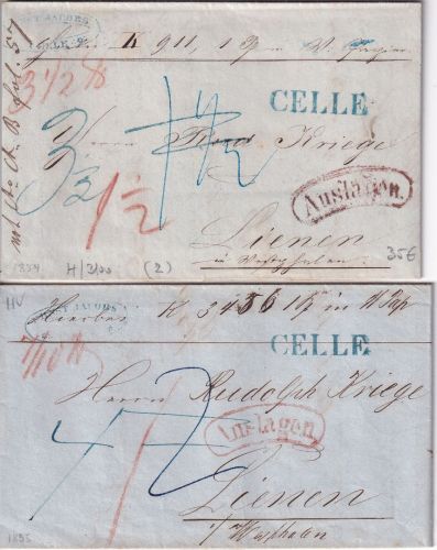Hannover - Celle blauer L1 2 Paketbegleitbriefe n. Lienen 1854/55