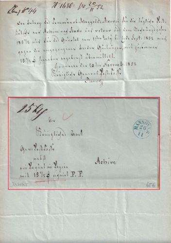 Hannover - Hannover 20/11 klauer Fingerhut-K1 portofr Postsache/Geldsendung 1852