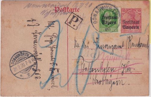 Bayern - 10 Pfg. Germania/Freistaat Ganzsache+Zusatz Donauwörth 1920 Nachporto