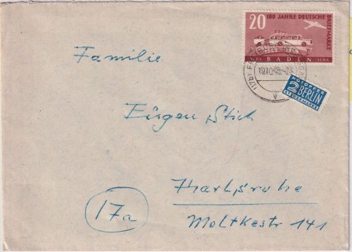 FZ/Baden - 20 Pfg. 100 J. Dt. Briefmarke + NO Brief Freiburg - Karlsruhe 1949