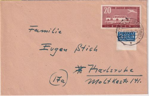 FZ/Baden - 20 Pfg. 100 J. Dt. Briefmarke + NO Brief Freiburg - Karlsruhe 1949