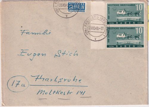 FZ/Baden - 2x10 Pfg. 100 J. Dt. Briefmarke + NO Brief Freiburg - Karlsruhe 1949