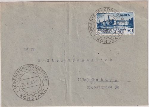 FZ/Baden - 30 Pfg. Ingenieur-Kongress SST Konstanz Brief n. Coburg 25.6.49