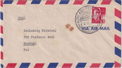 FZ/Baden - 80 Pfg. 3. Ausgabe Luftpostbrief n. USA Altglashütten 18.11.49