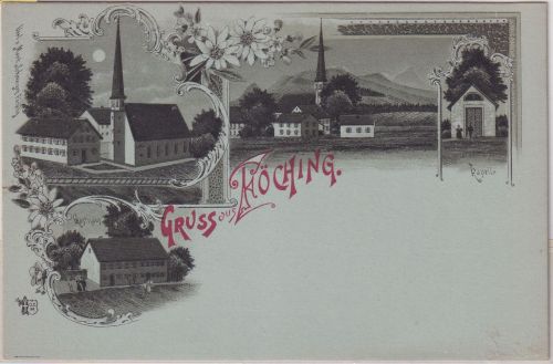 Bayern - Föching Gasthaus Kirche etc. Mehrbild-Mondscheinlitho ungelaufen ca1900