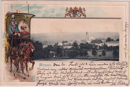 Bayern - Weyarn Postkutschen-Präge-Passepartout-AK gelaufen 1903
