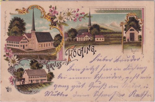 Bayern - Föching Gasthof Kirche etc. Mehrbild-Farblitho gelaufen 1900