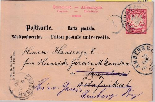Bayern - 10 Pfg. Wappen Ganzsache/Karte n. ZANSIBAR Amberg 1900 - Retour !