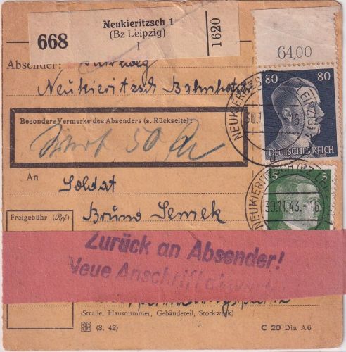 DR - 80+5 Pfg. AH Paketkarte Neukieritzsch - Trp.Üb.Platz Heuberg 1943 Aufkleber