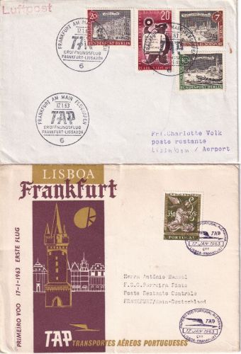 Portugal/BRD - TAP Erstflug Lissabon FFM u. retour 2 Luftpostbelege 17.1.63