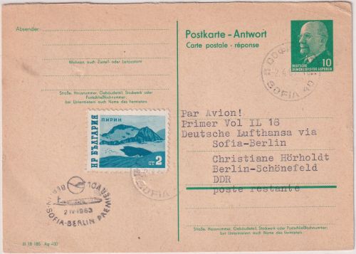 Bulgarien - Lufthansa-Ost Erstflug Sofia Berlin/Ost Ganzsache/A-Teil 2.4.63