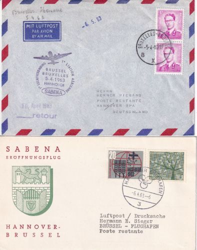 Belgien/BRD - Sabena Erstflug Brüssel Hannover u. Retour 5.4.63 2 Belege