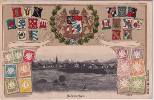 Bayern - Holzkirchen farb. Briefmarken-Passepartout-Präge-AK gelaufen 1913