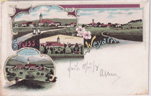 Bayern - Weyarn Schulhaus etc. Mehrbild-Farblitho gelaufen 1898