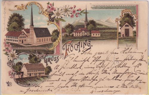 Bayern - Föching Gsthaus Kapelle etc. Mehrbild-Farblitho gelaufen 1897