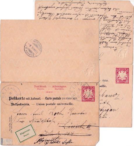 Bayern - 10/10 Pfg. Wappen Ganzsache Doppelkarte i.d. SCHWEIZ Betzigau 1896
