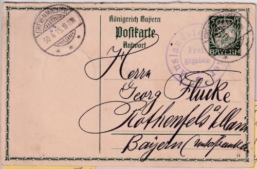 Bayern - 5 Pfg. Hupp Ganzsache A-Teil v. LUXEMBURG retour Grevenmacher 1915