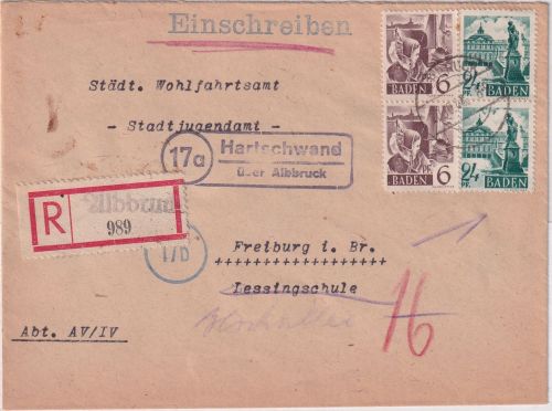 FZ/Baden - (17a) Hartschwand ü. Albbruck Einschreibebrief n. Freiburg 20.10.48