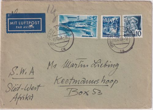 Bizone - FZ-Fremdverwendung Luftpostbrief n. SÜDAFRIKA Braunschweig 15.12.49