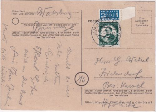 FZ/Baden - 10 Pfg. Kreutzer Fremdverwendung Braunlage (Harz) Frielendorf 9.3.50