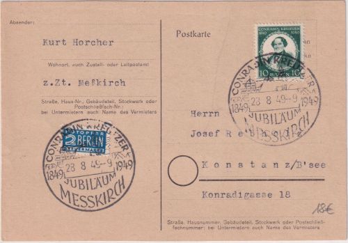 FZ/Baden - 10 Pfg. Kreutzer SST Messkirch Jubiläum karte n. Konstanz 28.8.49