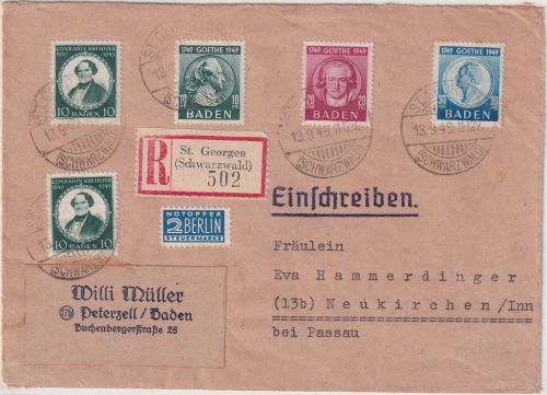 FZ/Baden - 200. Geb. Goethe Satz u.a. Einschreibebrief St. Georgen 13.9.49