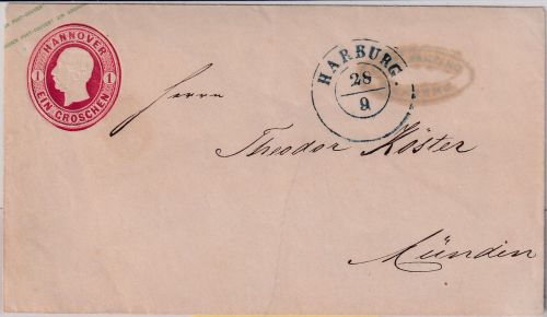 Hannover - 1 Gr. Georg V. Ganzsache/Brief blauer K2 Harburg n. Münden 1859