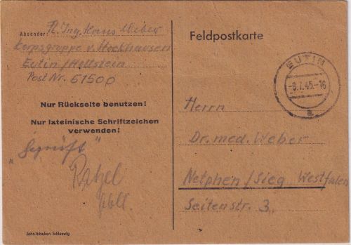DR - Eutin 8.7.45 Korpsgruppe v. Stockhausen Feldpostkarte n. Netphen