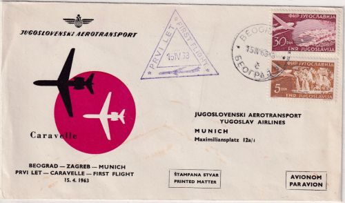 Jugoslawien - JAT Erstflug Caravelle Belgrad München Schmuckkuvert 15.4.63