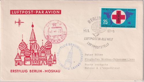DDR - Interflug Erstflug Berlin Moskau 1.9.63 Schmuckkuvert