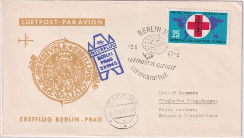 DDR - Interflug Erstflug Berlin Prag 2.9.63 Schmuckkuvert