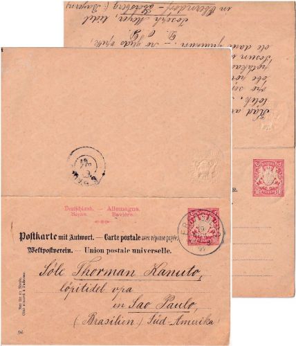 Bayern - 10/10 Pfg. Wappen Ganzsache Doppelkarte n. BRASILIEN Ebersberg 1897