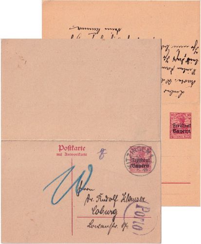 Bayern - 10/10 Pfg. Germania/Freistaat Ganzsache Doppelkarte Kitzingen 1919