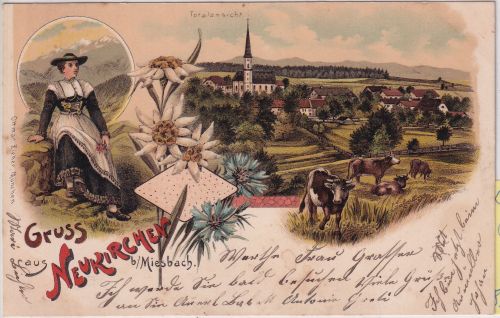 Bayern - Neukirchen b. Miesbach Mehrbild-Farblitho gelaufen 1900