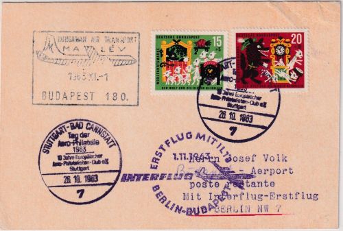 DDR - Interflug Erstflug Berlin Budapest 26.10./1.11.63 Zuleitungspost