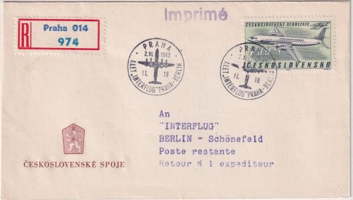 CSSR - Interflug Erstflug Prag Berlin 2.11.63 Einschreibebrief/Schmuckkuvert