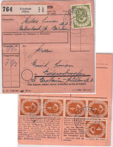 BRD - 90+5x4 Pfg. Posthorn Paketkarte Erlenbach - Niedersachswerfen 2.9.54