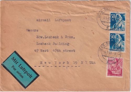 FZ/Rheinl.-Pfalz - 2x50+30 Pfg 2. Ausg. Luftpostbrief n. USA Idar-Oberstein 1949