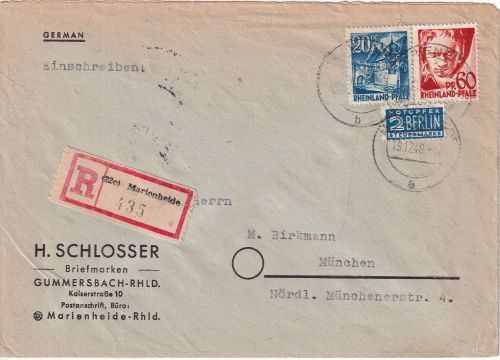 FZ/Rheinl.-Pfalz - 60+20 Pfg 1. Ausgabe Einschreibebrief Marienheide 19.12.49